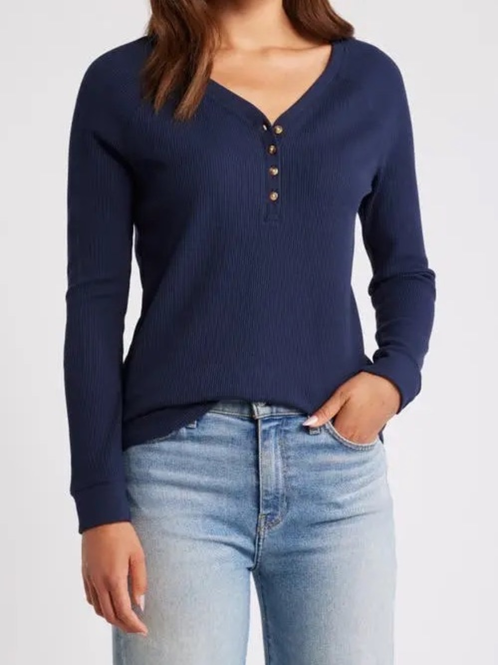 Caslon Navy Blue V-Neck Button Pullover